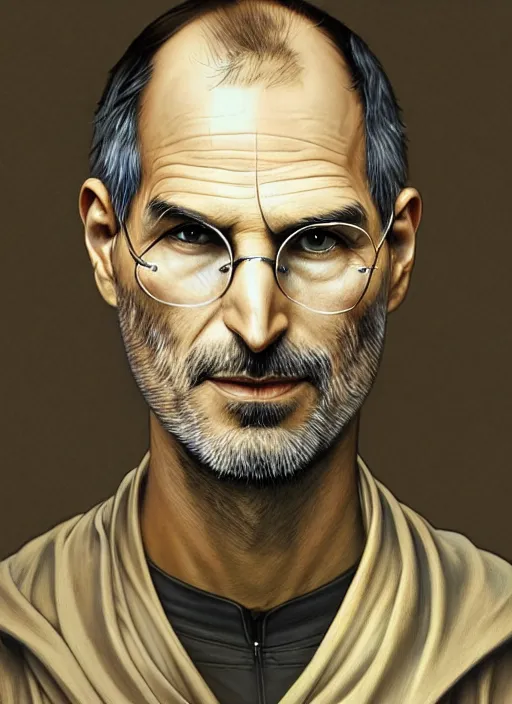 Image similar to Portrait of Steve Jobs, white glowing eyes, cloak, face enhance, male, fantasy, extremely detailed, digital painting, artstation, concept art, smooth, sharp focus, illustration, stunning lighting, art by artgerm and alphonse mucha and simon stalenhag, realistic character concept, high fantasy, light atmosphere, golden ratio, cinematic lighting, hyperdetailed, high resolution, insanely detailed and intricate, Marc Simonetti, Greg Rutkowski, 8k