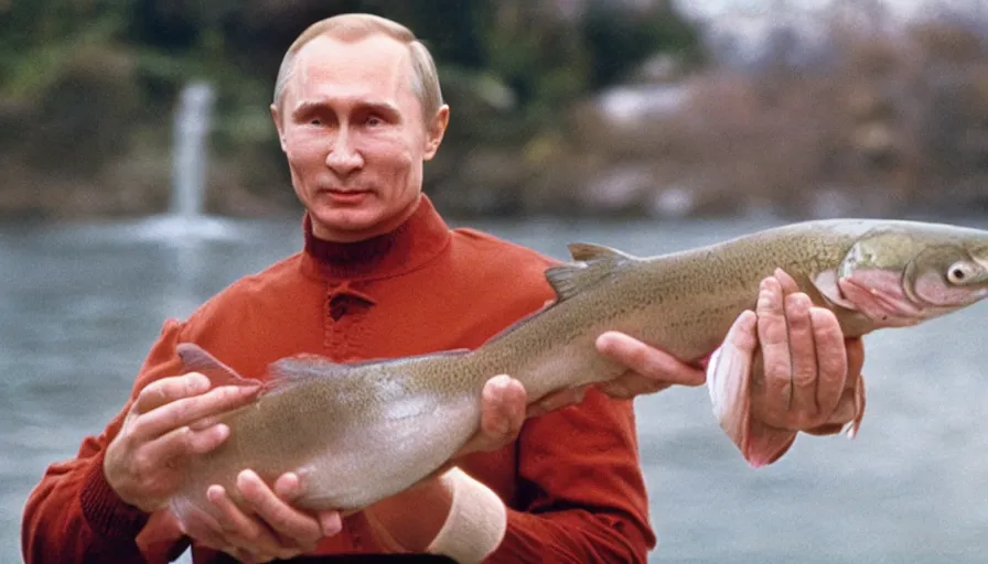 Image similar to 7 0 s movie still of putin in teleshopping show, proudly holding a salmon. cinestill 8 0 0 t _ 3 5 mm eastmancolor, heavy grain, high quality, high detail