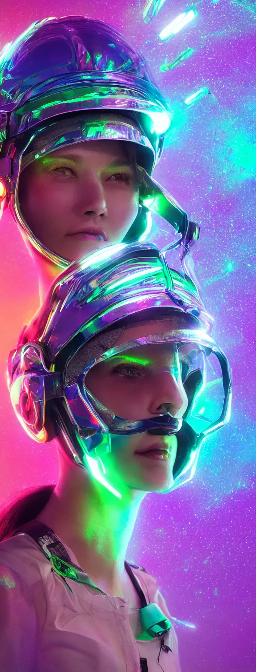Prompt: a women wearing neon helmet with a visor iridescent, beautiful, technological, unreal, hyper-detailed, mega-detailed, realistic, cinematic, octane render, concept art, dark, cosmic, ominous, symmetric, colorful and dark