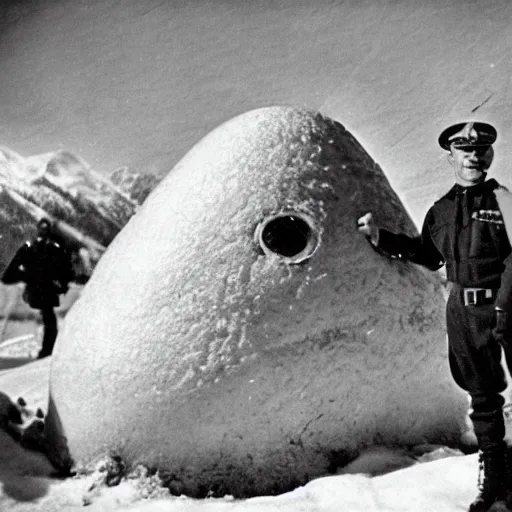 Prompt: photo of an ss officer with a frozen crashed ufo on the alps, 1935, high definition