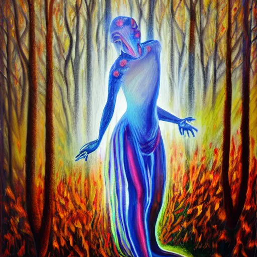 Image similar to painting a jester made of energy and light in a dense foggy forest by Alex Grey, acrylic art, ethereal, soothing, somber, elegant, warm light, cozy, glows,