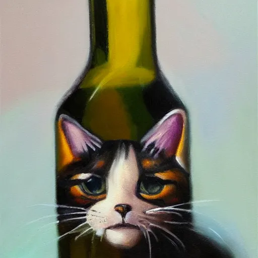 Image similar to beautiful oil painting of a cat in an empty bottle of wine, trending on artstation, 4 k, high quality, colorful