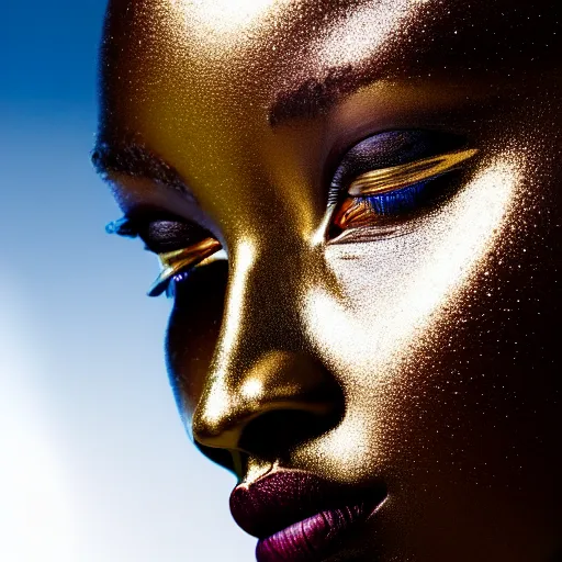 Prompt: portrait of metallic face, african woman, mercury, mirror reflections, smooth, liquid metal, proud, looking away, outdoor, blue sky, 8 k, realistic, depth of field, award winning photography