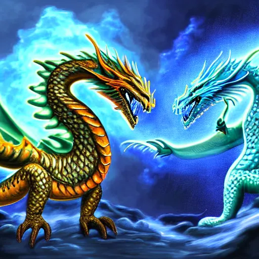 Prompt: Elemental dragons at the creation of the world, highly detailed digital painting