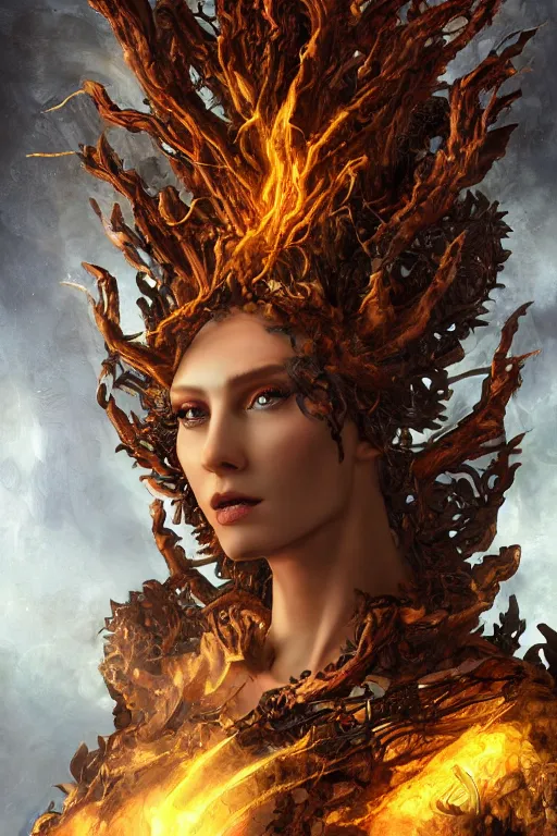 Prompt: fantasy character concept portrait, digital painting, wallpaper of a mechanical dryad goddess with volcanic skin, with veins of obsidian gold and flame, renaissance nimbus overhead, by aleksi briclot, by laura zalenga, by alexander holllow fedosav, 8 k dop dof hdr, vibrant