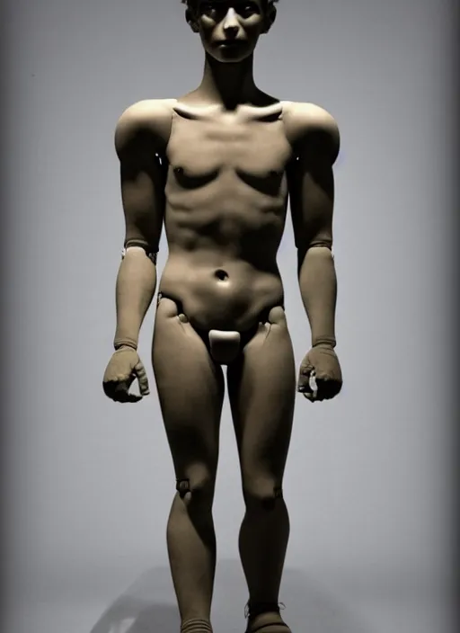 Image similar to a humanoid robot with an adult male human looking face is the statue david by michelangelo, polaroid, flash photography, photo taken in a completely dark storage room where you can see some empty boxes in the background,