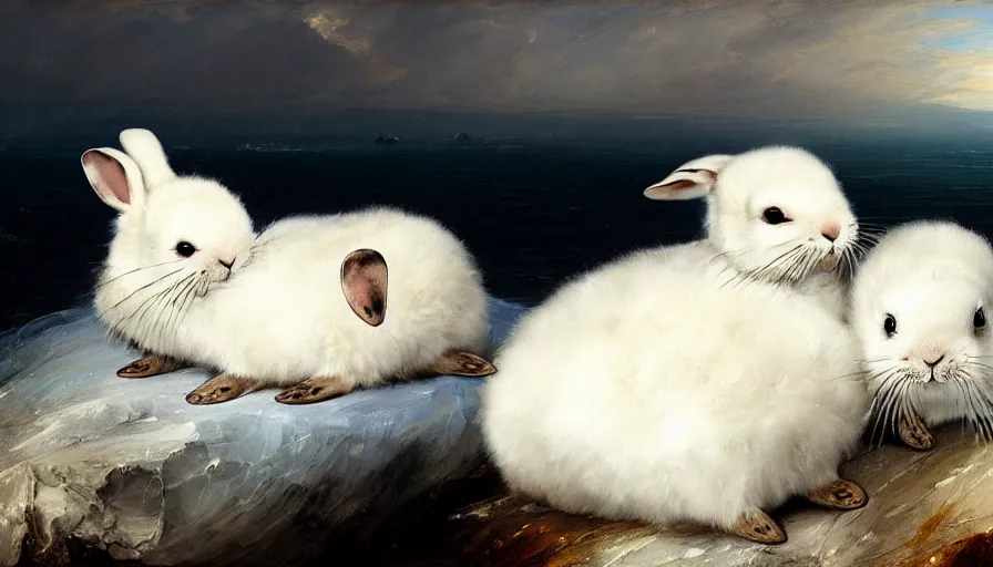 Prompt: highly detailed painting of cute furry white baby seal rabbits cuddling into each other on a blue and white iceberg by william turner, by greg rutkowski, by william constable, thick brush strokes and visible paint layers, 4 k resolution