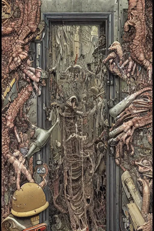 Image similar to a doorway to an impossible nightmare beyond comprehension, very very detailed painting by geof darrow and greg rutowski and hr giger