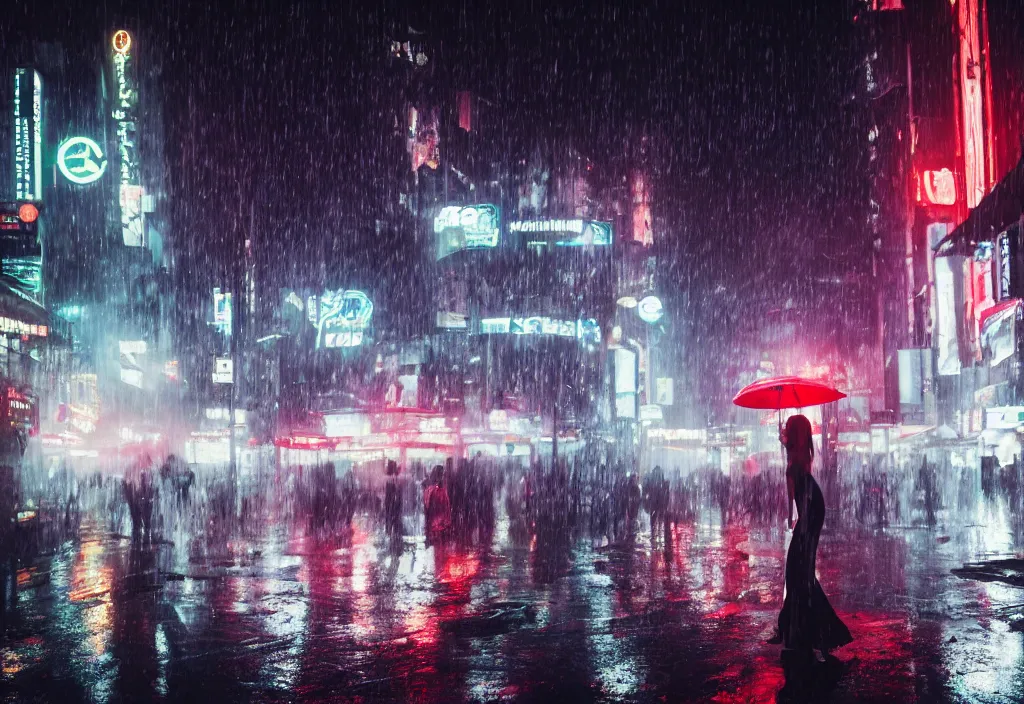Prompt: hyperdetailed cinematic photo looking from behind at a low angle with a 4 0 0 mm lens and bokeh under the dim lights of screens with advertising at a lone sexy girl wearing a see through white dress getting soaked in the rain blade runner aesthetic