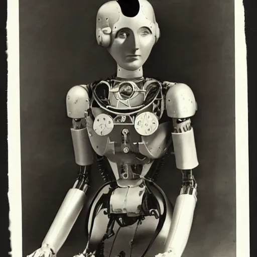 Image similar to Maria machinenmench from metropolis (1927), mechanical robot body, victorian era, medical 19th century photography