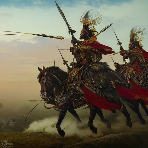 Image similar to an extremely detailed matte painting the winged hussars charging ottoman artillery, heroic charge, epic fantasy, viewed in profile from very far away, sharp focus, detailed face, art by greg rutkowski and alphonse mucha, volumetric lighting, 4 k resolution, artstation