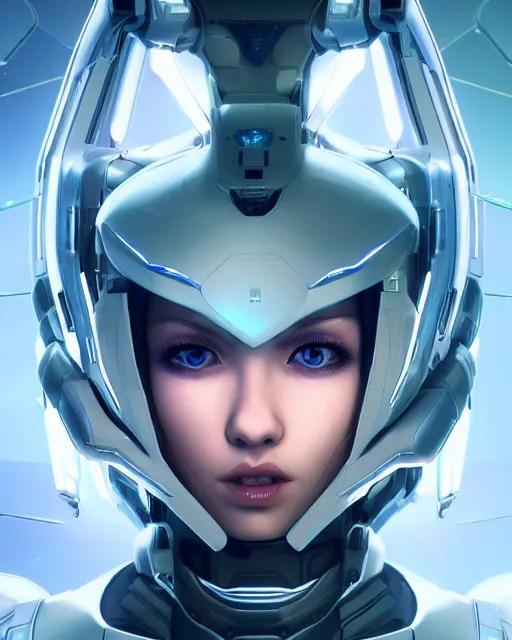 Image similar to perfect android girl on a mothership, warframe armor, beautiful face, scifi, futuristic, galaxy, nebula, raytracing, dreamy, long white hair, blue cyborg eyes, sharp focus, cinematic lighting, highly detailed, artstation, divine, by gauthier leblanc, kazuya takahashi, huifeng huang