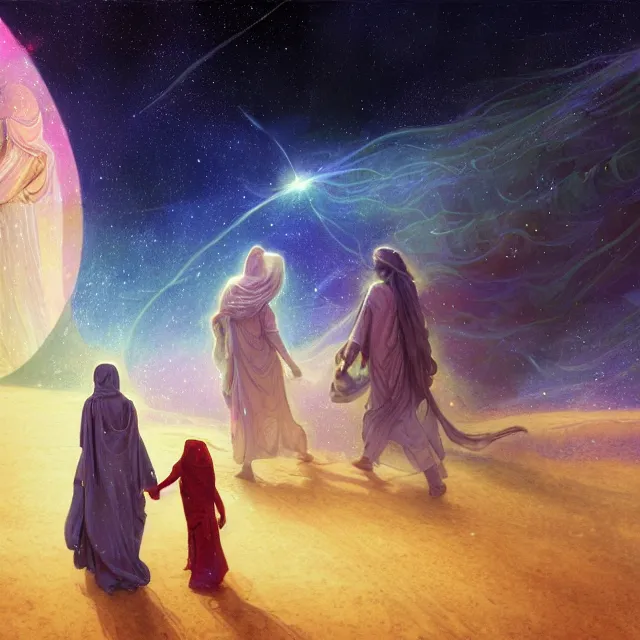 Image similar to bedouin man and woman and child in galaxy walking towards mosque surrounded by nebula, highly detailed, gold filigree, romantic storybook fantasy, soft cinematic lighting, award, disney concept art watercolor illustration by mandy jurgens and alphonse mucha and alena aenami, pastel color palette, featured on artstation