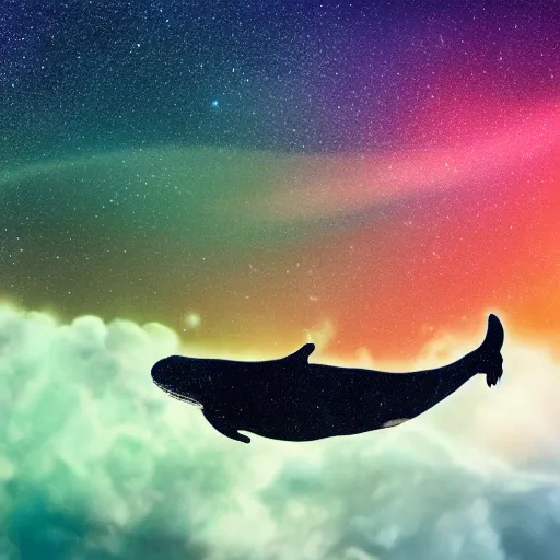 Prompt: a cool whale surfing on the cloud with a colorful galaxy in the background. ray tracing reflection, 8k, hyper realistic, insainly detailed, hdr, octan render