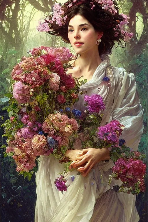 Image similar to portrait of a beautiful mysterious woman holding a bouquet of flowing flowers, hands hidden under the bouquet, fantasy, regal, intricate, by stanley artgerm lau, greg rutkowski, thomas kindkade, alphonse mucha, loish, norman rockwell