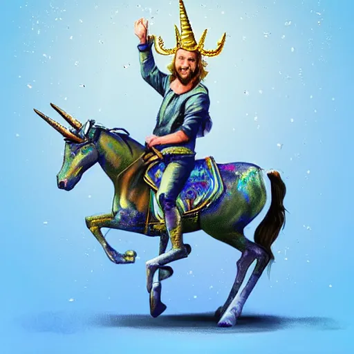 Image similar to felix kjellberg riding a unicorn, pointing, wearing a crown, paradise landscape, vivid colors, pastelle, digital art, trending on artstation