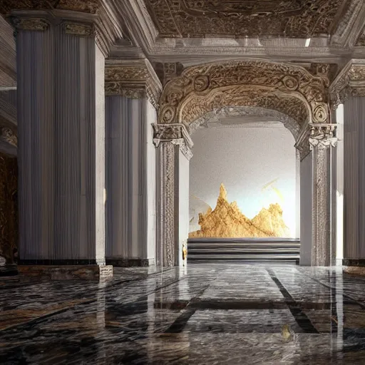 Image similar to the grand marbled entrance, art by kotaro chiba, volumetric lighting, cinematic composition