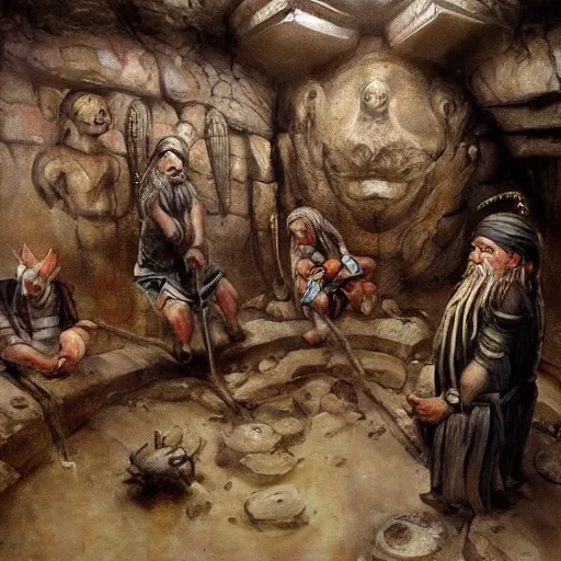 Prompt: sumerian underground city ancient dwarves, drawn by viktor vasnetsov, oil painting, harsh fairy tale, soft style, hyperrealism, beautiful, high resolution, trending on artstation,