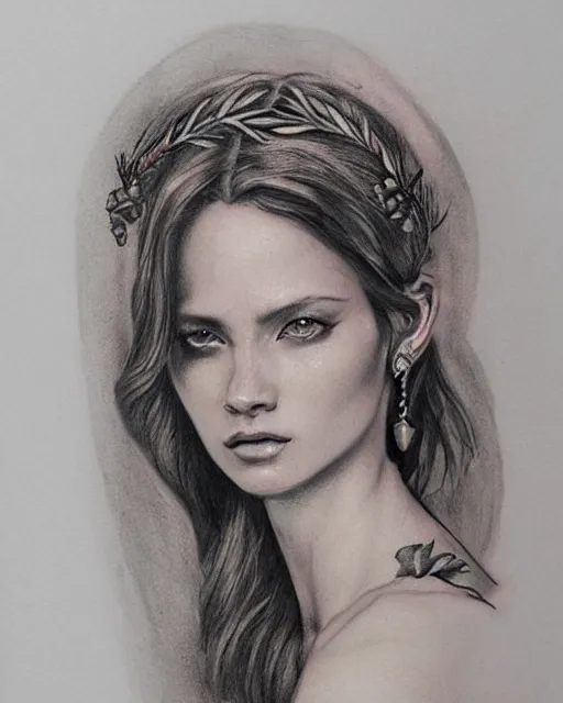 Image similar to realism tattoo sketch of anna jagodzinska as a beautiful greek goddess aphrodite with piercing eyes wearing a laurel wreath and triangle earrings, in the style of greg rutkowski, amazing detail