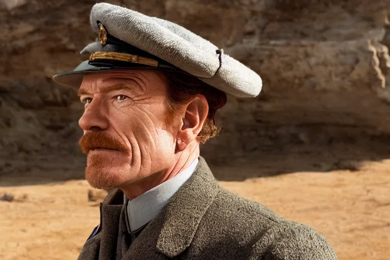 Image similar to wide-shot concept image of bryan cranston as a constable in a movie directed by Wes Anderson, symmetrical shot, idiosyncratic, relentlessly detailed, pastel colour palette, detailed perfect face, movie still frame, promotional image, imax 70mm footage