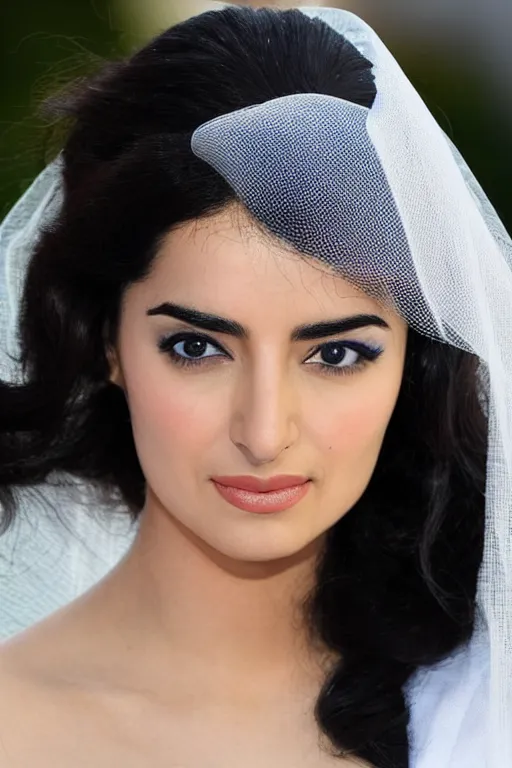 Image similar to Ameera al-Taweel, blue eyes, long wavy black hair, white veil, closeup, focus face