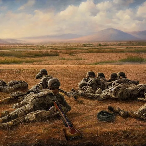 Prompt: realistic painting of a war field, but every solider have a guitar instead of a gun, dramatic, detailed