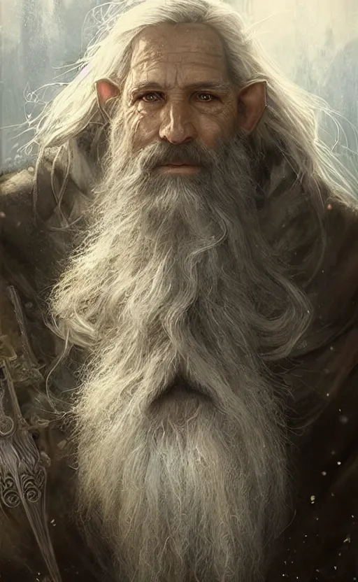 Image similar to Portrait of an elf in his 50s with a long beard and monacle, male, detailed face, fantasy, highly detailed, cinematic lighting, digital art painting by greg rutkowski