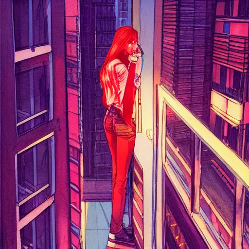 Image similar to a beautiful artwork of a woman with red hair in jeans and a white shirt smoking on the balcony of a hotel at night, top view, neon and rainy theme atmosphere by Jerome Opeña, featured on artstation