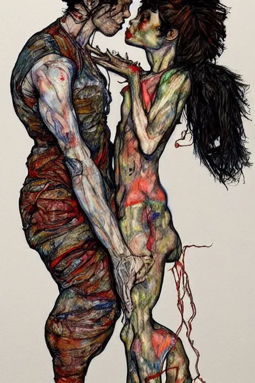 Prompt: two kissing characters in style of herakut and egon schiele, masterpiece, centered, hyperdetailed, complex, intricate, veiled, 4 k, dynamic!! trending on artstation,
