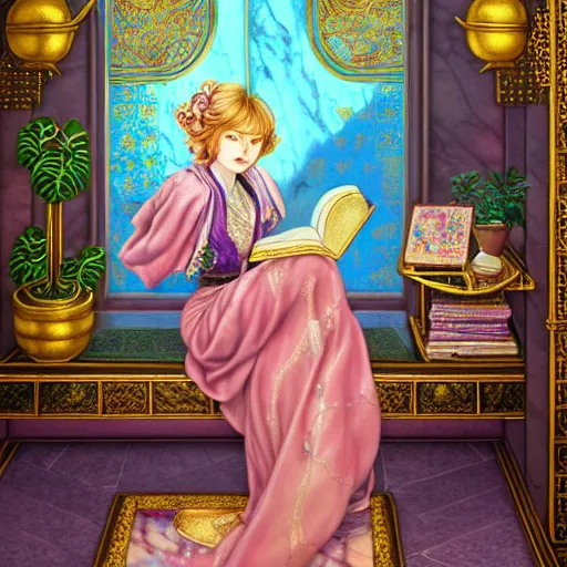 Image similar to a detailed fantasy pastel portrait of a woman wizard in ornate clothing lounging on a purpur pillow on the marble floor in front of her bookcase in a room, reading an ancient tome. to the side is a potted plant, moody light. ancient retrofuturistic setting. 4 k key art. raytracing, perspective, by chie yoshii and yoshitaka amano.