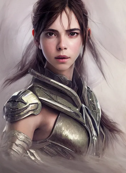 Image similar to a professional portrait of a beautiful young female, clothed in ethereal battle armor, olive skin, long dark hair, beautiful bone structure, symmetrical facial features, intricate, elegant, digital painting, concept art, smooth, sharp focus, finely detailed, illustration, from Valerian and the City of a Thousand Planets, in the style of Ruan Jia and Mandy Jurgens and Artgerm and Greg Rutkowski and William-Adolphe Bouguerea