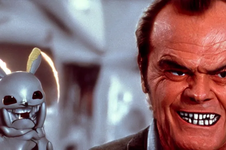 Image similar to Jack Nicholson in costume of Pikachu Terminator scene where his endoskeleton gets exposed and his eye glow red still from the film