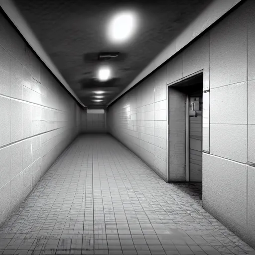 Image similar to holding cells in underground lab, sterile, clean, cinematic, liminal space, unreal engine, in-game screenshot, cctv footage, black and white, blurry