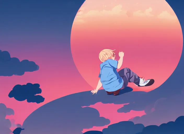 Image similar to a little boy with blonde hair sitting on a cloud in front of a pink and blue sunrise sky. clean cel shaded vector art. shutterstock. behance hd by lois van baarle, artgerm, helen huang, by makoto shinkai and ilya kuvshinov, rossdraws, illustration, art by ilya kuvshinov