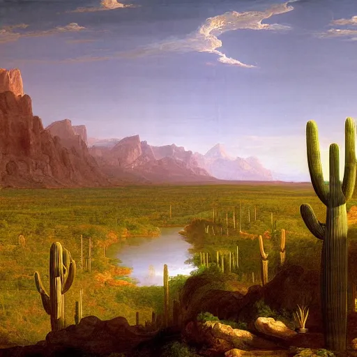 Prompt: A grand scale painting of a desert landscape with saguaro cacti and the Rio grande river, In the style of Thomas Cole, Ultra detailed, 4k resolution,