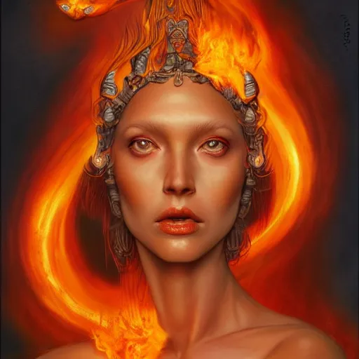 Image similar to A stunning portrait of a goddess with a body of flames by Jim Burns, fantasy, Trending on artstation.