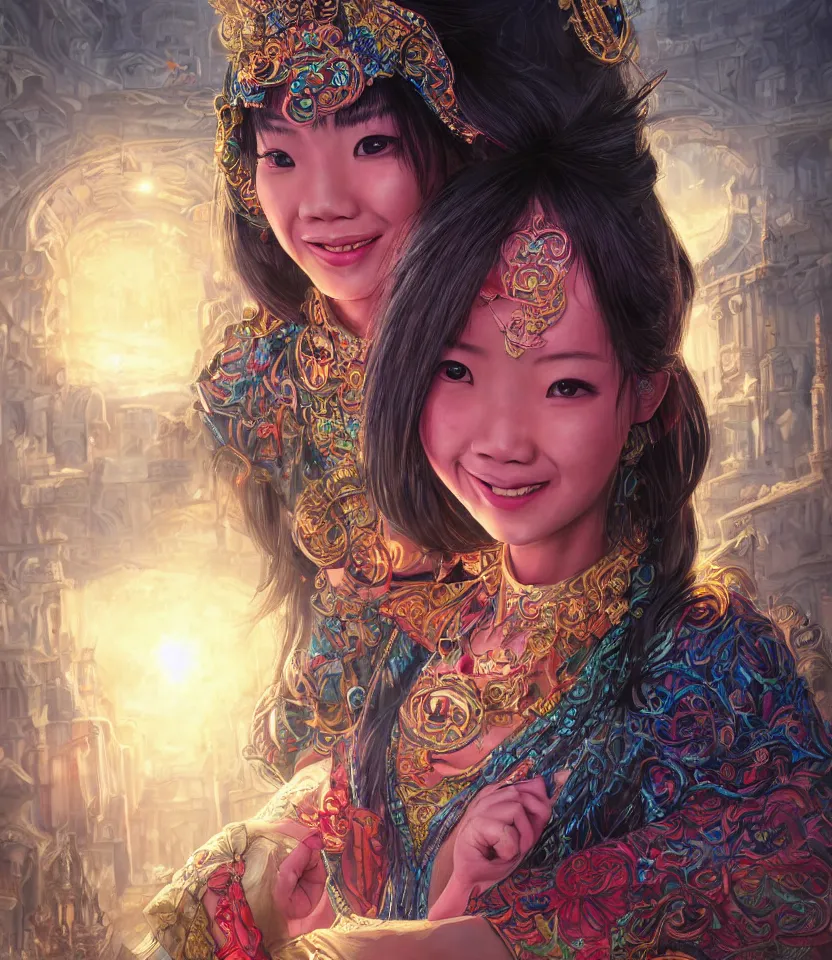 Prompt: beautiful portrait of magician asian girl, cheeky smile, glowing eyes, intricate details, colourful, atmospheric light, ominous ancient city on the background, dark fantasy, ultra realistic details, detailed face, artstation, illustration, one character, symmetrical, by arthur adams