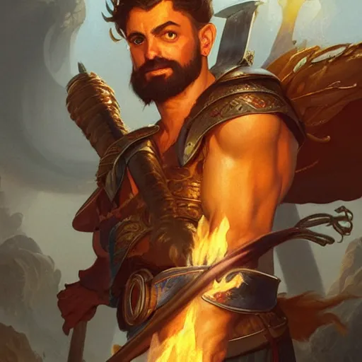 Image similar to Smattas, olive-skinned, bearded manly god of justice, with a flaming sword, D&D, highly detailed, digital painting, artstation, concept art, sharp focus, illustration, cinematic lighting, art by artgerm and greg rutkowski and alphonse mucha