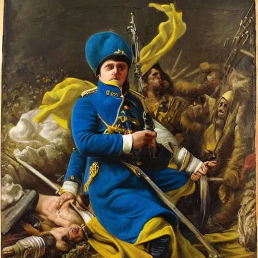 Image similar to Volodymyr Zelensky at war, dressed like Napoleon Bonaparte, sitting on the ground between dead corpses and weeping, holding a half burnt blue and yellow flag of Ukraine, in the style of Anne-Louis Girodet