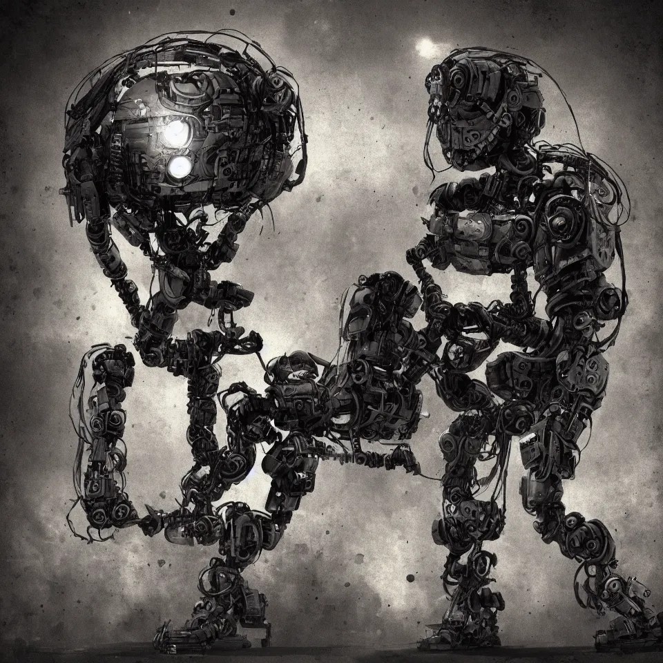 Image similar to robot with a headphone by ben templesmith, dynamic lighting, cinematic, epic composition, masterpiece