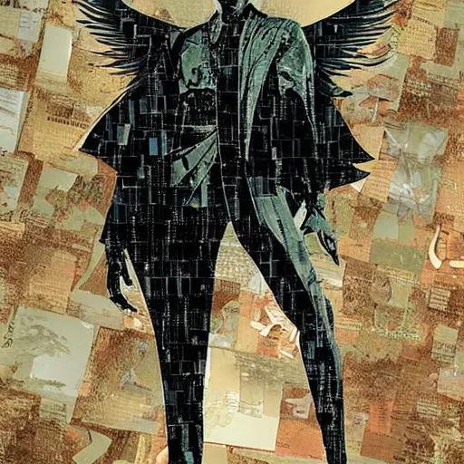 Image similar to a digital angel made of source code protects the gate to exit the simulation, matte painting by dave mckean, esao andrews and yoji shinkawa