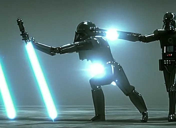 Image similar to screenshot from the lost star wars film, shiny, jedi sithtrooper droid with lightsaber arms, iconic scene from the lost Star Wars film, Shadows Of the Empire, 1990 directed by Stanely Kubrick, lens flare, moody cinematography, with anamorphic lenses, crisp, detailed, 4k