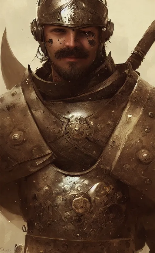 Image similar to Portrait of a man with a moustache wearing medieval armor, male, detailed face, fantasy, highly detailed, cinematic lighting, digital art painting by greg rutkowski