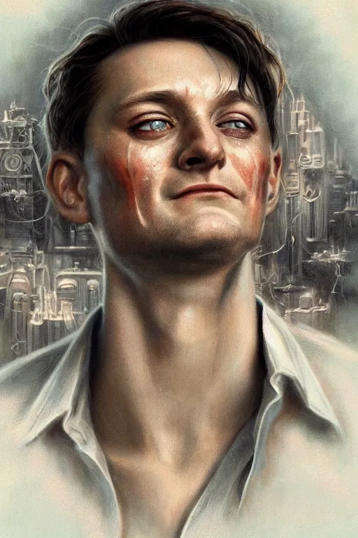 Image similar to a beautiful ultradetailed vintage photo of a toby maguire crying while playing spider man, by tom bagshaw and anna dittman, portrait, 2 4 mm lens, golden ratio composition, detailed face, studio photography, very detailed, humanoids, industrial robots, artstation, 8 k, highly coherent