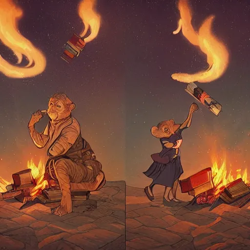 Image similar to [two monkeys throwing books in a bonfire, behind them space rockets are taking off. propaganda, closeup, D&D, intricate, elegant, highly detailed, digital painting, artstation, concept art, matte, sharp focus, illustration, art by Artgerm and Greg Rutkowski and Alphonse Mucha and Enki Bilal]