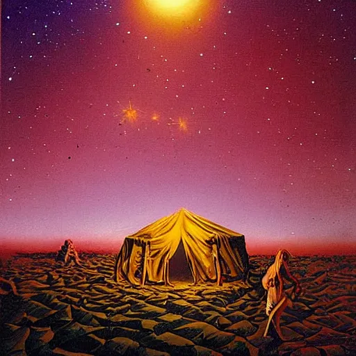 Prompt: desert, night, stars, tabernacle, camp around painted by richard corben