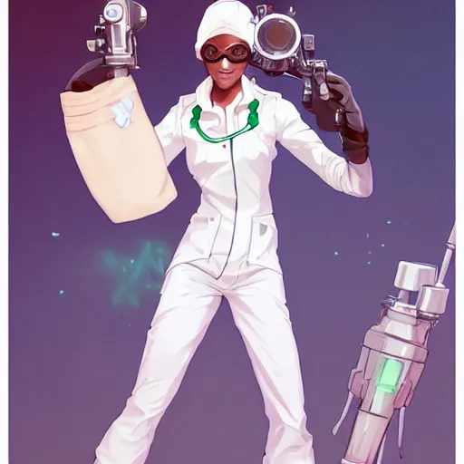 Prompt: a full body character design by artgerm, cushart krenz, greg rutkowski and alphonse mucha. cute african mad scientist woman lab coat!! green plasma laser gun!! goggles visor!! bold outline sharp edges. ultra clear detailed. 8 k. ultra detailed, elegant, intricate, octane render. felt!!! texture