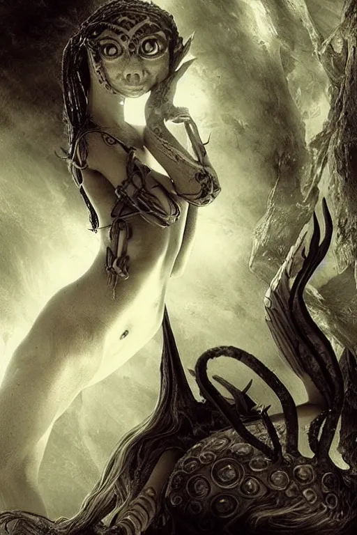 Image similar to beautiful siren, deceptive monster, creature concept art, weta studios, Guillermo Del Toro, pans labyrinth