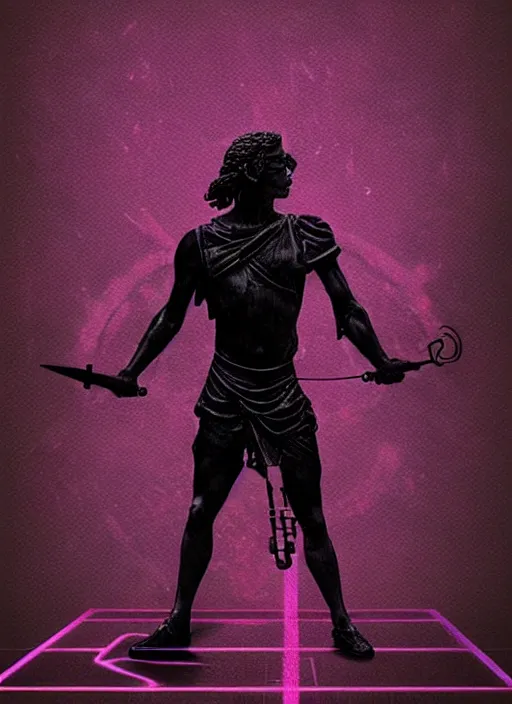 Image similar to elegant dark design poster showing a heroic statue of achilles, black background with very subtle red and purple design elements, bold, powerful, nekro, vito acconci, thin straight purple lines, dark, glitch art, neo vaporwave, gritty, layout frame, square, trending on artstation