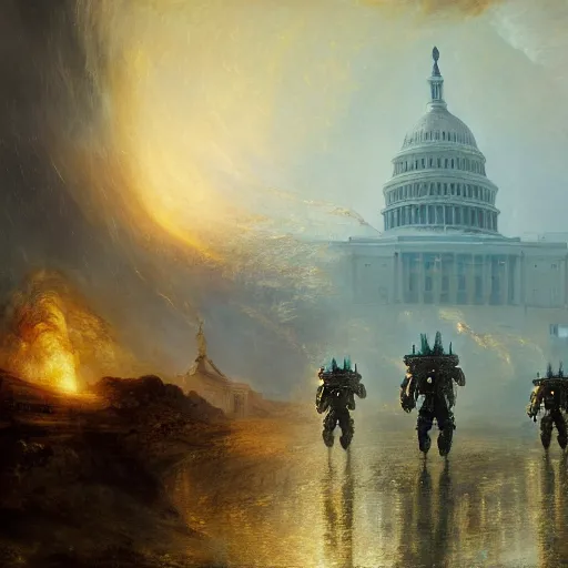 Prompt: highly detailed painting of alien androids attacking washington dc, by william turner, by greg rutkowski, by william constable, thick brush strokes and visible paint layers, 4 k resolution